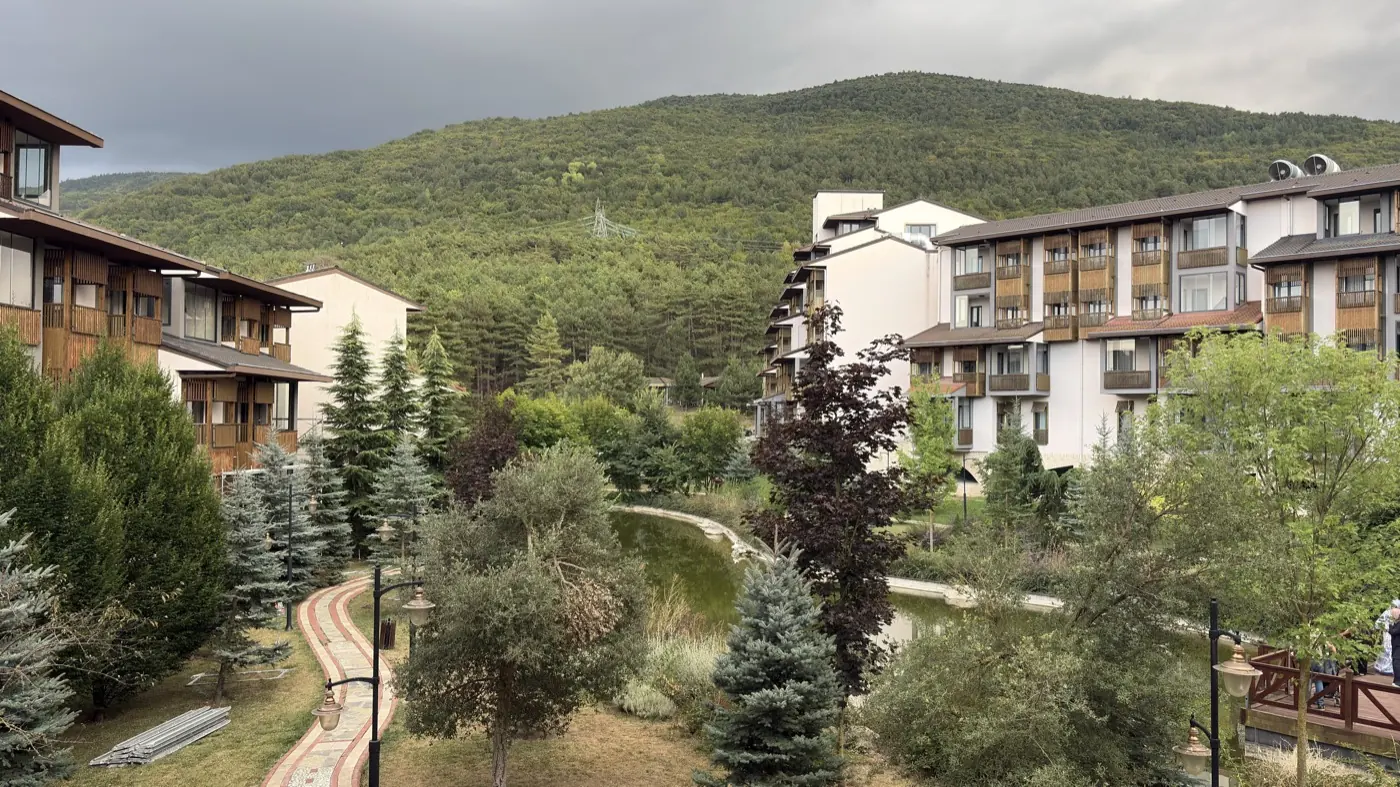 The timber buildings of Narven with grass and trees in front and the forested hills of Bolu behind