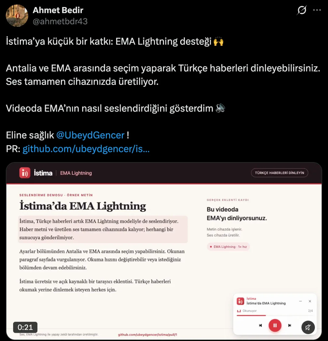 Ahmet Bedir’in EMA Lightning desteğini duyurduğu X gönderisi; altında İstima’nın EMA ile okuma yaptığı demo videosunun karesi