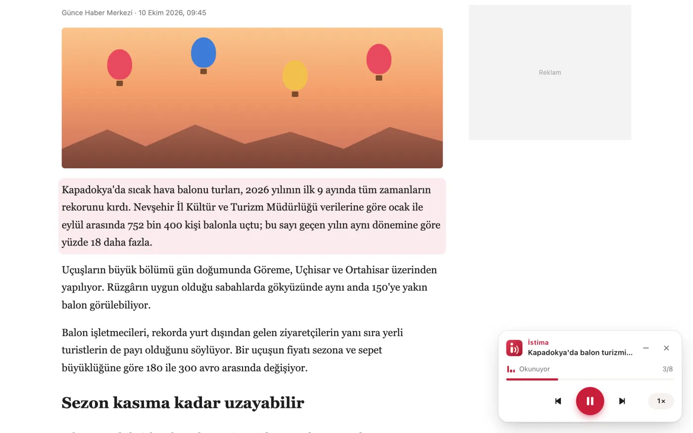 Bir haber sayfasında İstima: okunan paragraf açık kırmızıyla vurgulanmış, sağ altta oynatıcı ve okunan paragraf sayısı görünüyor