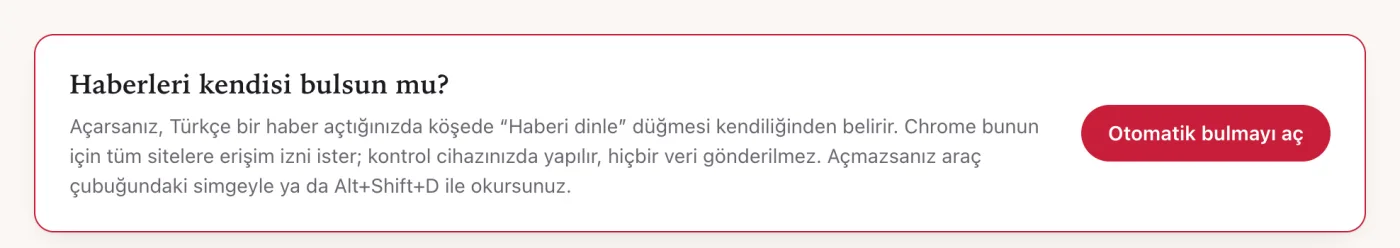 İstima’nın hoş geldin sayfasındaki “Haberleri kendisi bulsun mu?” kartı ve Otomatik bulmayı aç düğmesi