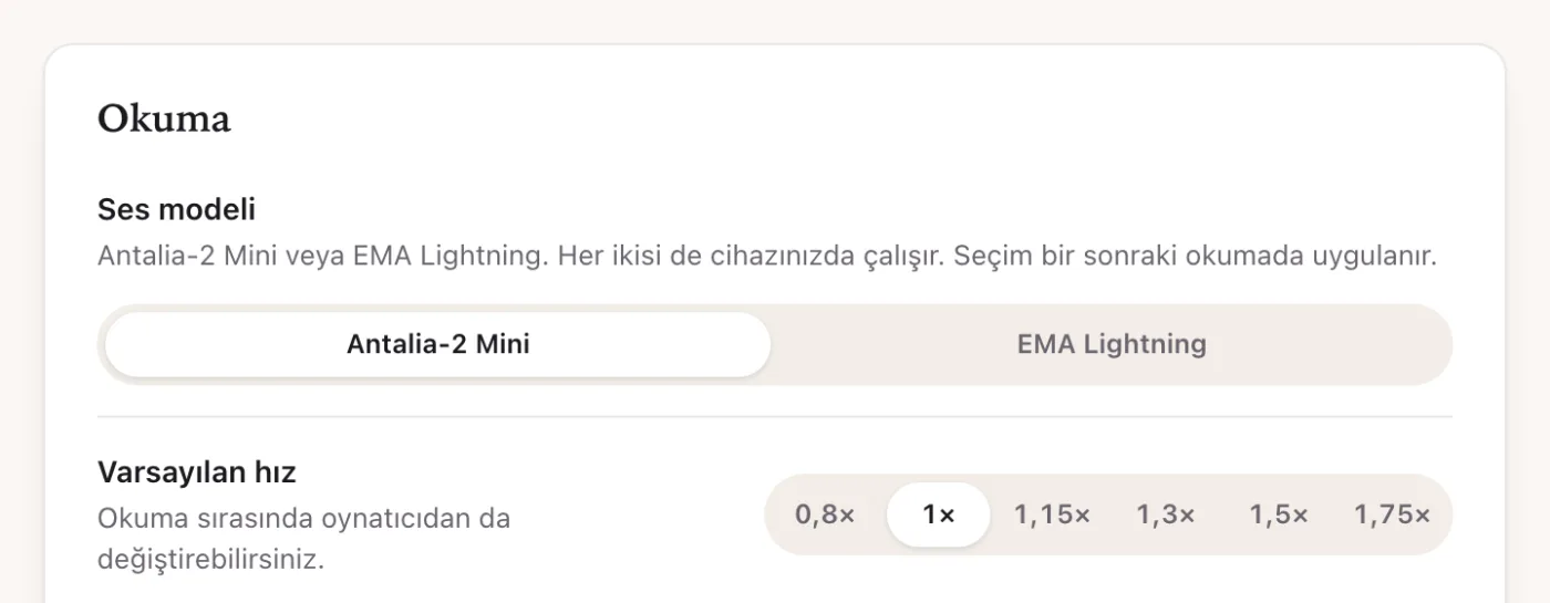 İstima ayarlarının Okuma bölümü: Antalia-2 Mini ve EMA Lightning arasında ses modeli seçimi ve varsayılan hız seçenekleri